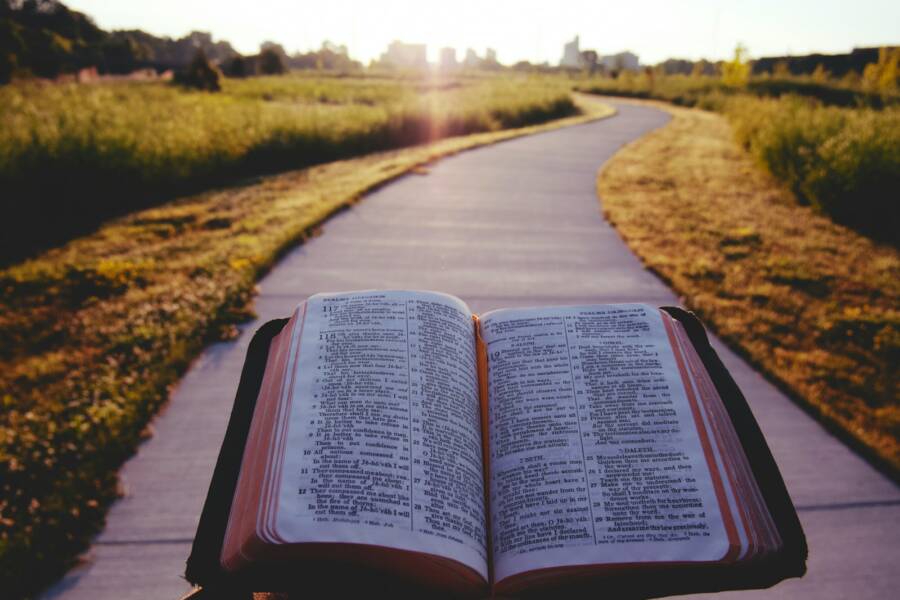 open bible leading down a winding path during day break